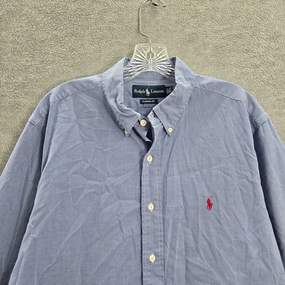 VINTAGE Ralph Lauren Men Button Up Shirt Gingham Plaid Logo Collar Classic READ